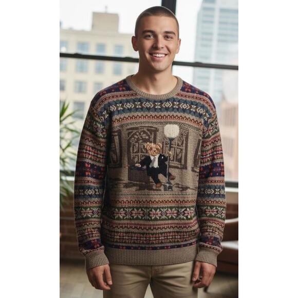 Ralph Lauren Iconic Bear Isle Morino Wool Camel Hair Pullover Sweater Mens Sz XL - Picture 1 of 12